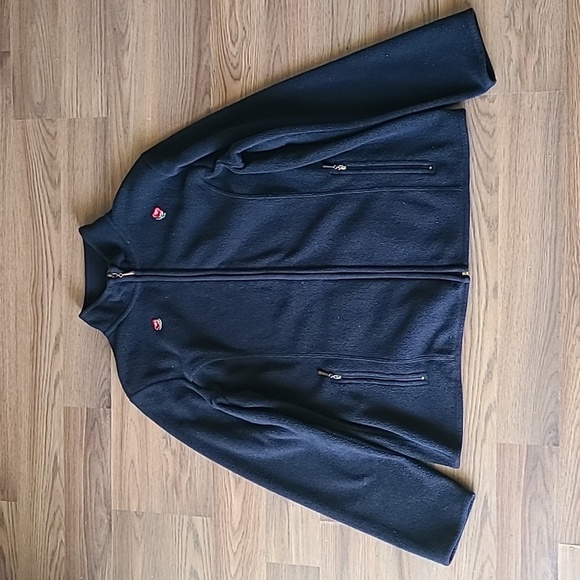 Sz  L Karen Scott Sport black long sleeve zip up fleece with flower patches - Picture 1 of 4